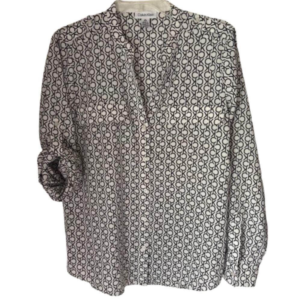 Calvin Klein Roll Sleeve V Neck Button Down CK Logo Size M Dressy Blouse #BD